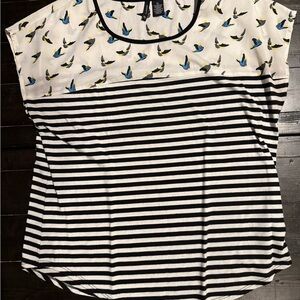 New Directions Black and White Striped Top with Bird Pattern